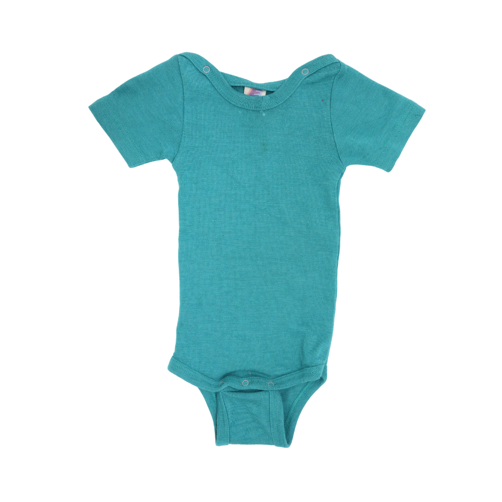 Wald-Rabauken Engel Natur Kurzarm-Body aus Wolle und Seide, blau, für Größe 74/80, mit bequemem Schnitt und weicher Textur