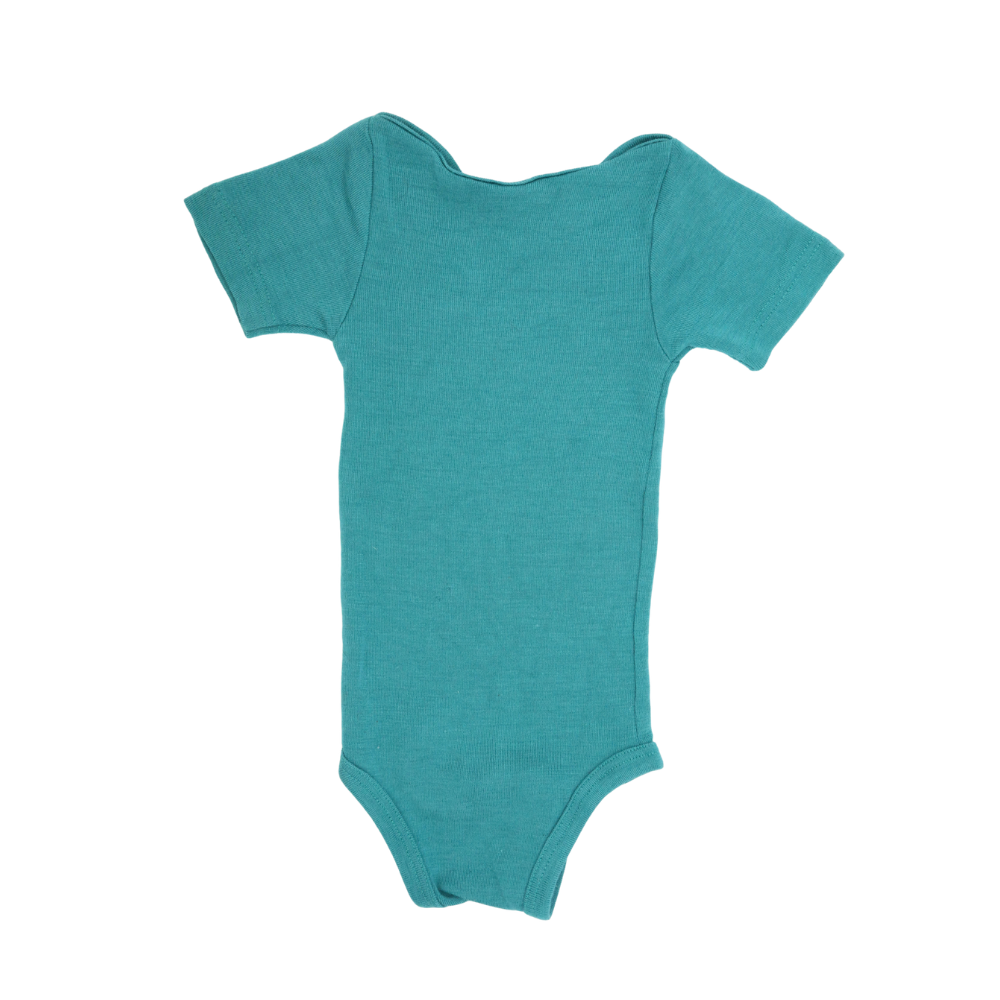 Wald-Rabauken Engel Natur Kurzarm-Body aus Wolle und Seide, blauer Baby-Body in Größe 74/80, angenehmer Stoff.