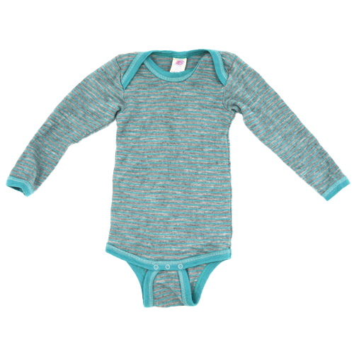 Engel Natur Langarm Body aus Wolle und Seide, Blau-Grau-Gestreift 74/80