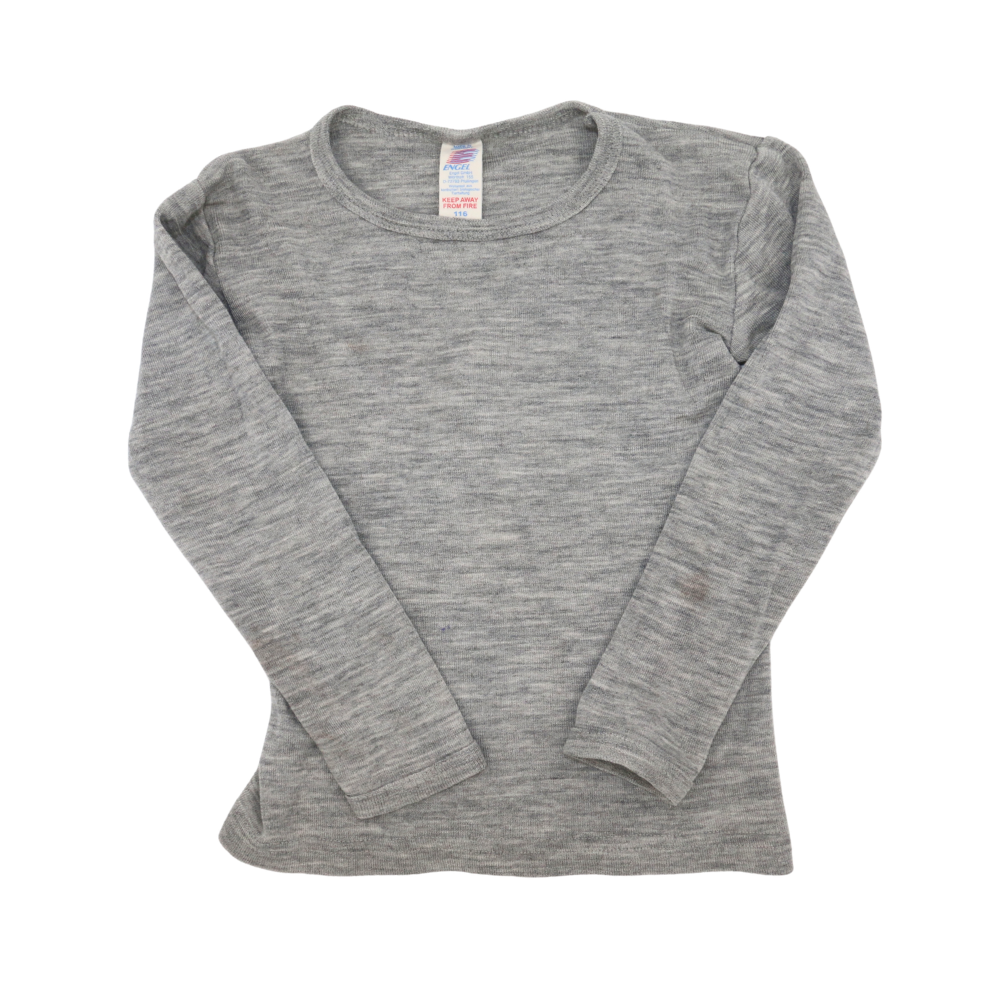 Engel Natur Langarmshirt aus Wolle und Seide in Grau für Kinder, Modell 116, von Wald-Rabauken, bequem und warm.