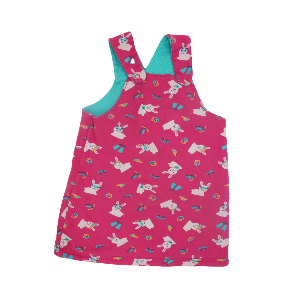 Frugi Wende-Kleid Blau/Rosa mit Hasen Motiv 90-98